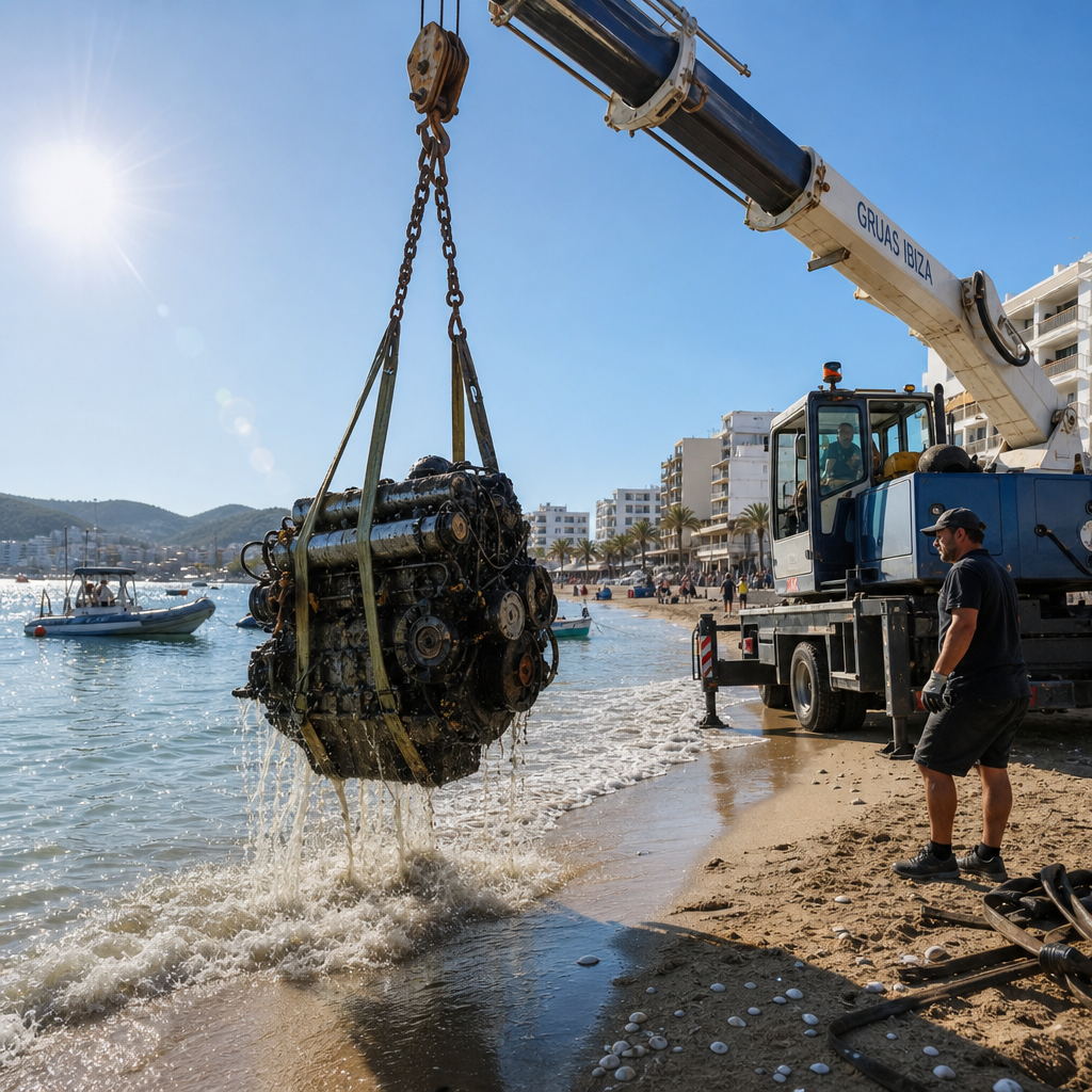 Retirado un motor de siete toneladas del fondo marino en la playa de es Pouet
