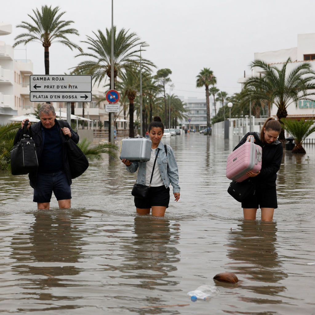 Flooding Hits Platja d’en Bossa: Tourists Wading Through Water