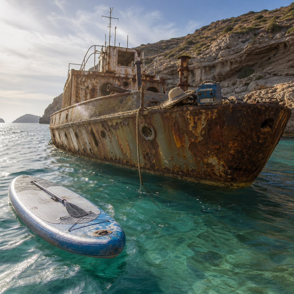 Verlaten Schip Langs de Kust van Ibiza Ontdekt door Paddle Surfer
