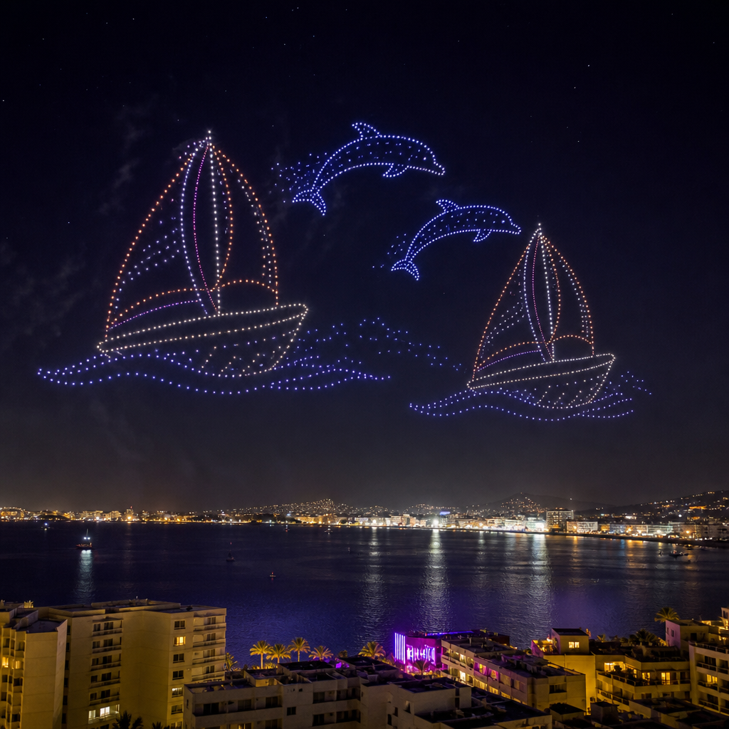 Spectaculair Droneshow boven Sant Antoni voor Sant Bartomeu Festiviteiten