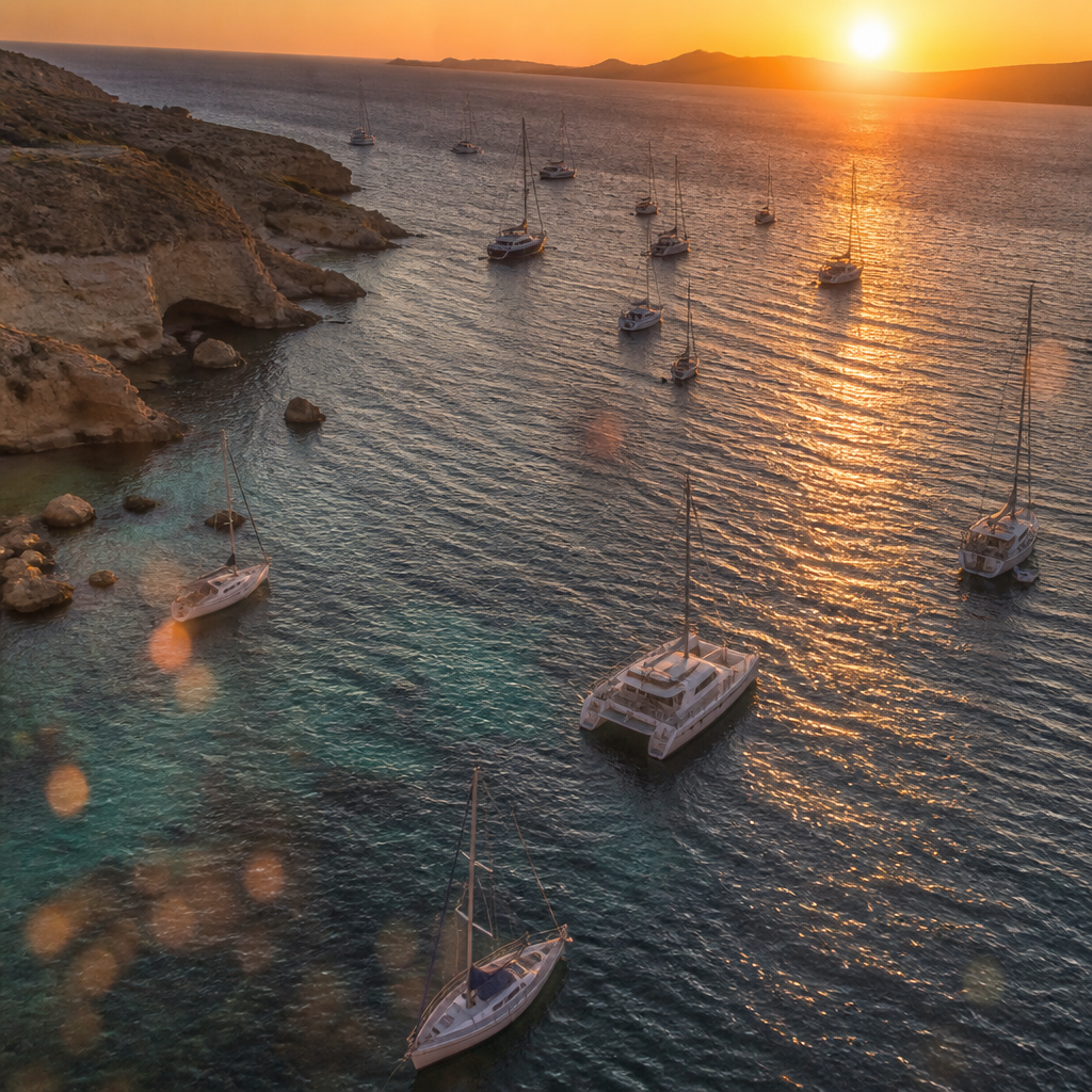 Scheepsarmada bij de kusten van Ibiza voor spectaculaire zonsondergang