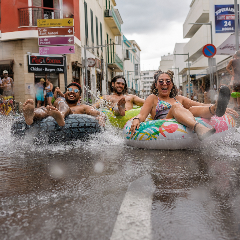 Rain Turns Sant Antoni Slope into Ad-Hoc Water Slide for Adventurous Holidaymakers