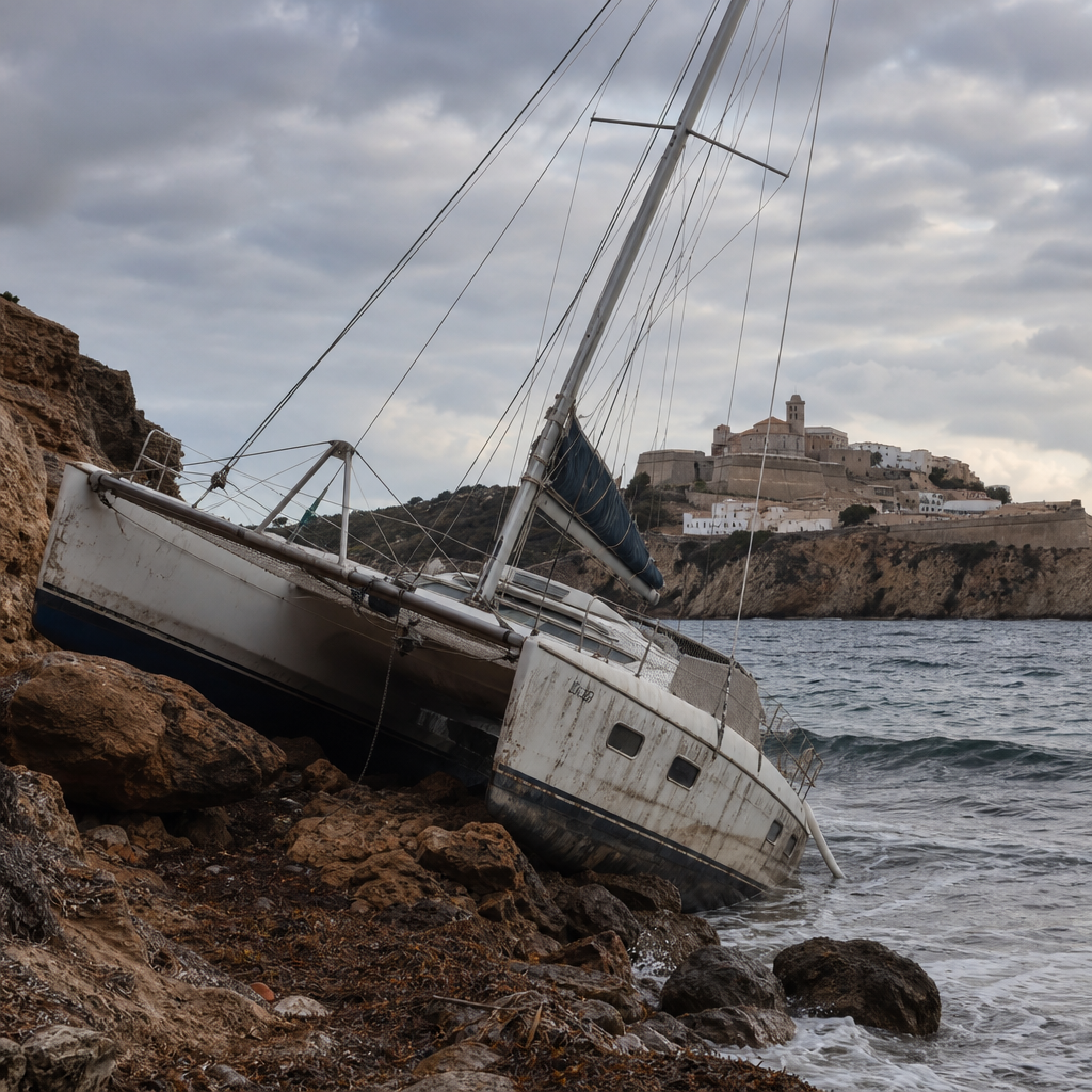 Stranded Catamaran Adds Drama to Ibiza’s Scenic Coast After Storms