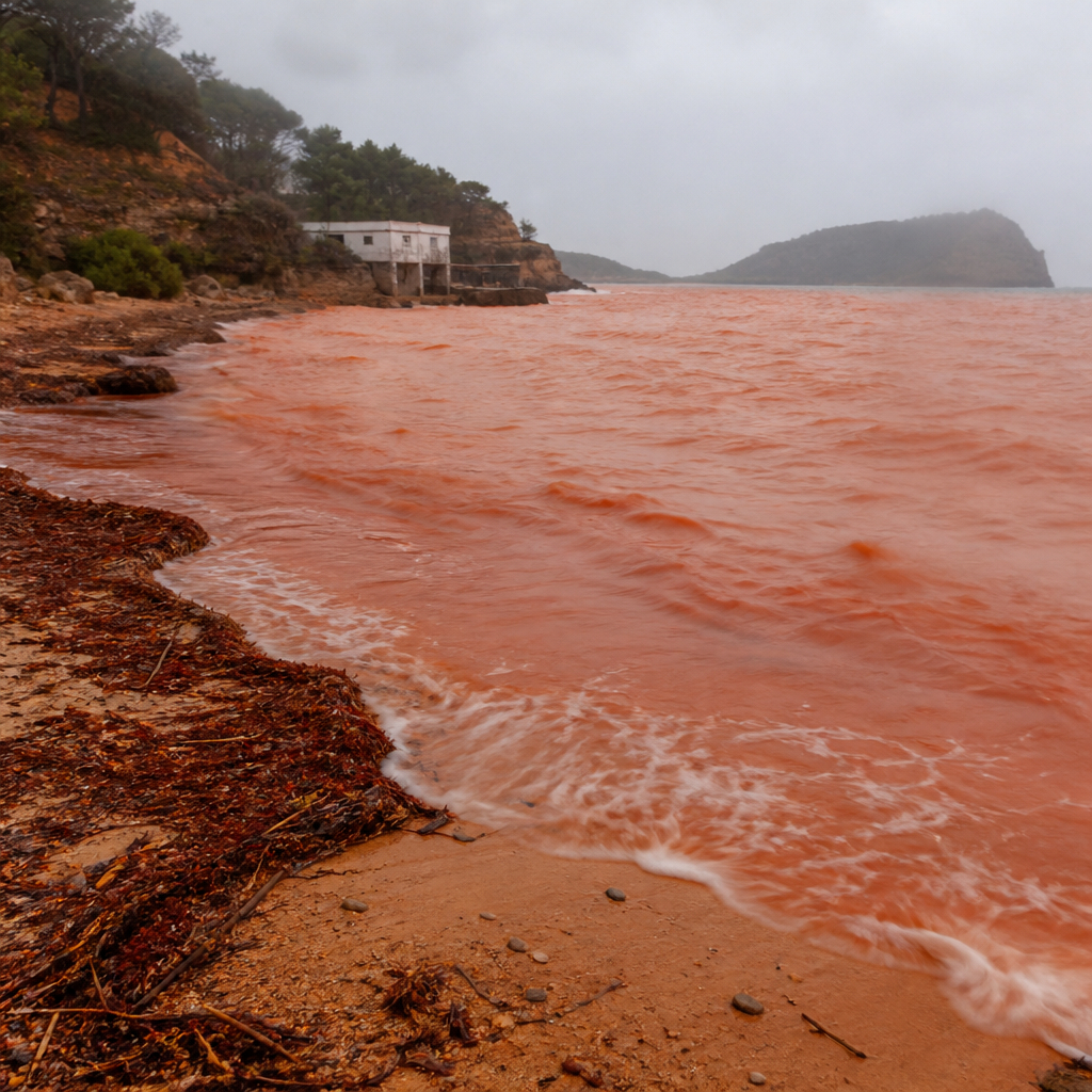 Ongunstig Weer Kleurt Water bij es Pou des Lleó Rood