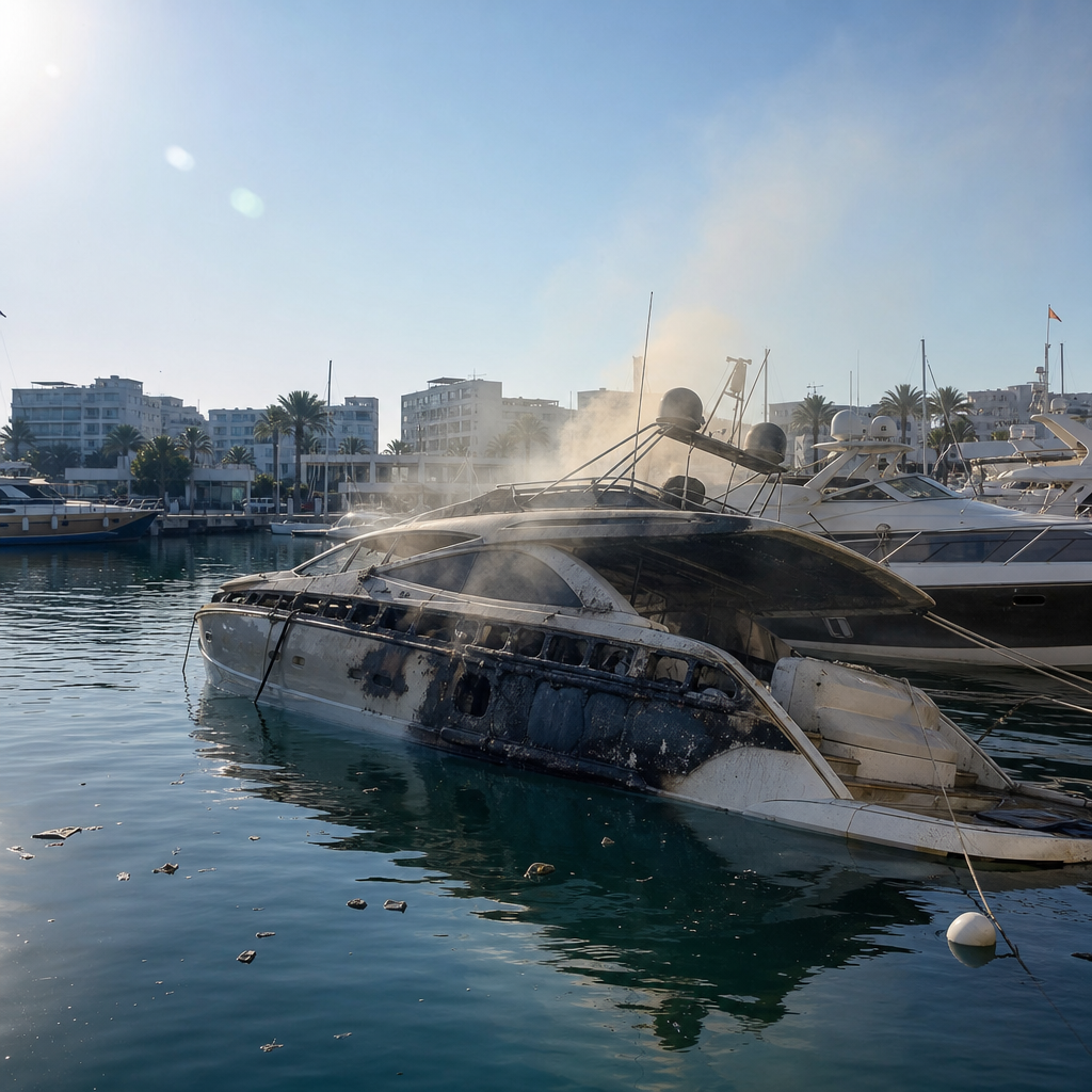 El yate incendiado en Botafoc ha sido reflotado tras intensa operación