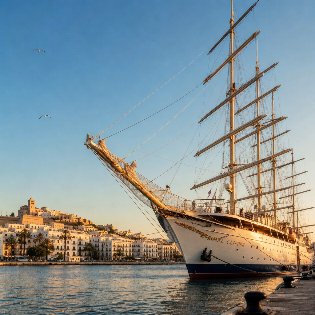 Royal Clipper, luxe cruisezeilschip, bezoekt de haven van Ibiza