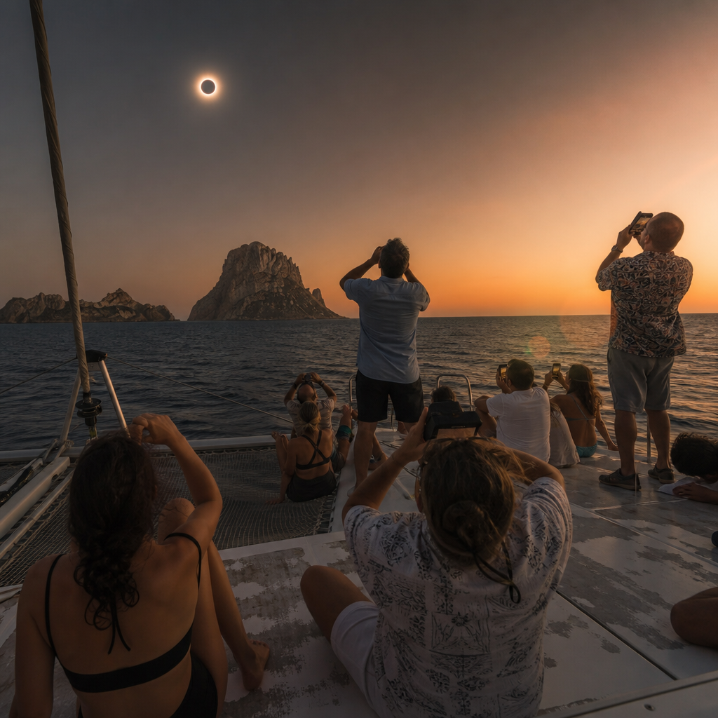Sail into Evening Magic: Total Solar Eclipse and Sunset at Es Vedrà with Live Tunes