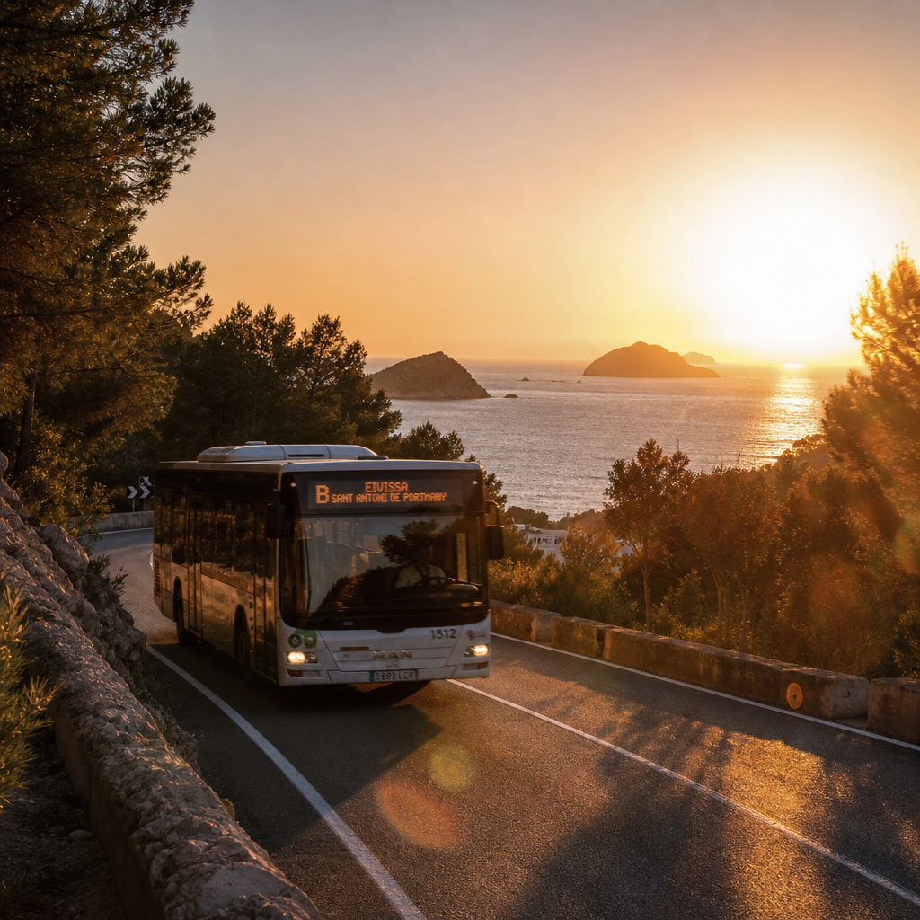 Openbaar Vervoer Ibiza Versterkt voor Zonsondergang Drukte