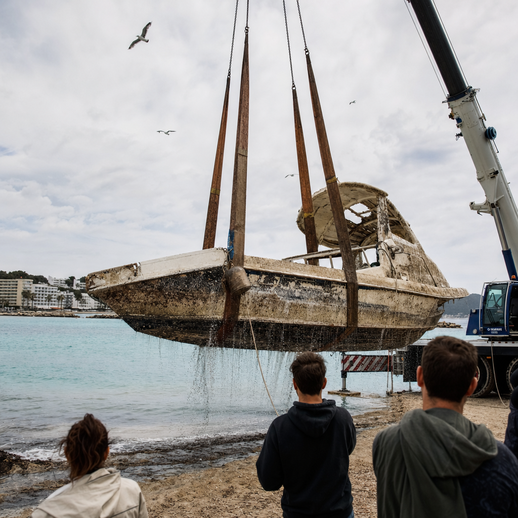 Verwijdering van verlaten boot uit zwemzone in Sant Antoni